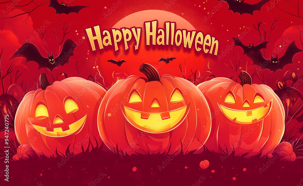 poster for halloween with pumpkins and bats on the wall. poster for halloween with pumpkins and bats on the wall.