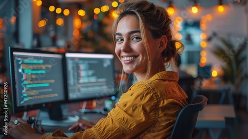 Capture the moment of a lovely, excited woman software developer seated in a comfortable armchair at her indoor workstation, vibrant and lively setting, glad expression