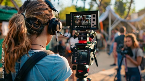 A sound technician holding a boom mic over actors performing on a movie set