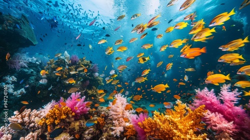 A serene underwater view of snorkelers admiring coral gardens in a marine sanctuary