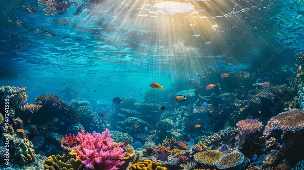 Fototapeta premium A serene underwater view of snorkelers admiring coral gardens in a marine sanctuary