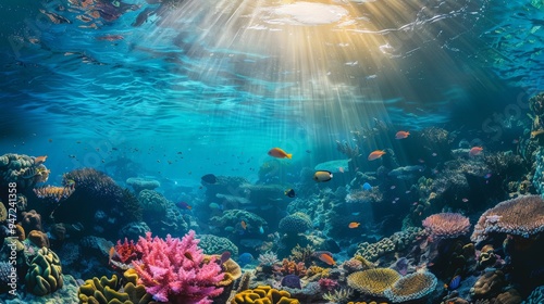 A serene underwater view of snorkelers admiring coral gardens in a marine sanctuary