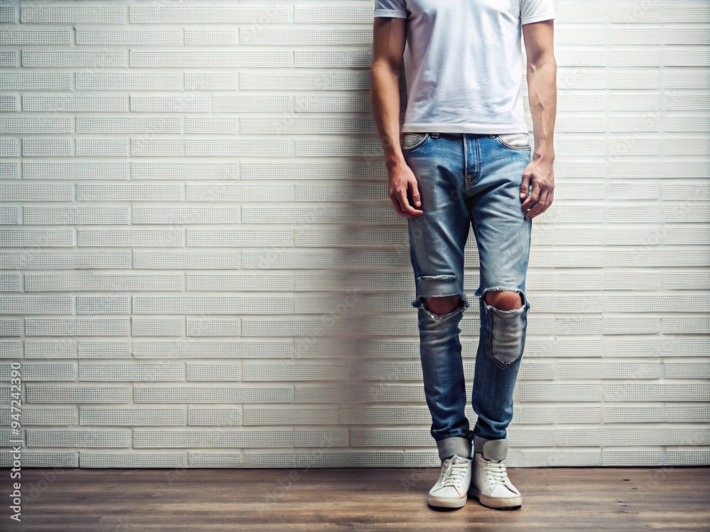 * Faded pleated jeans with cracked knees, stripped of excess flair, exude a calm intensity, seeking simplicity in a chaotic world. * Faded pleated jeans with cracked knees, stripped of excess flair, exude a calm intensity, seeking simplicity in a chaotic world.