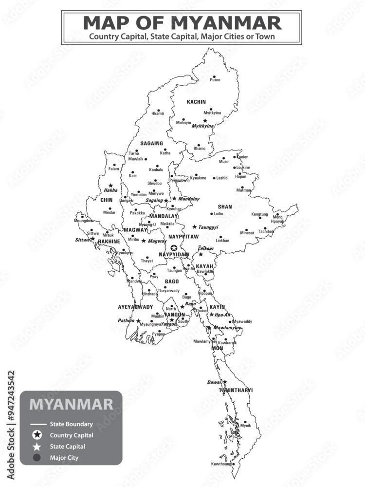 Obraz premium Geography politics map of countries. Map of country with capital, state capital, major cities and town.