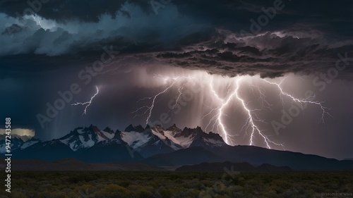 Lightning in the dark skies of Patagonia. Rugged beauty, bolts illuminating mountains and remote wilderness during storm. photo