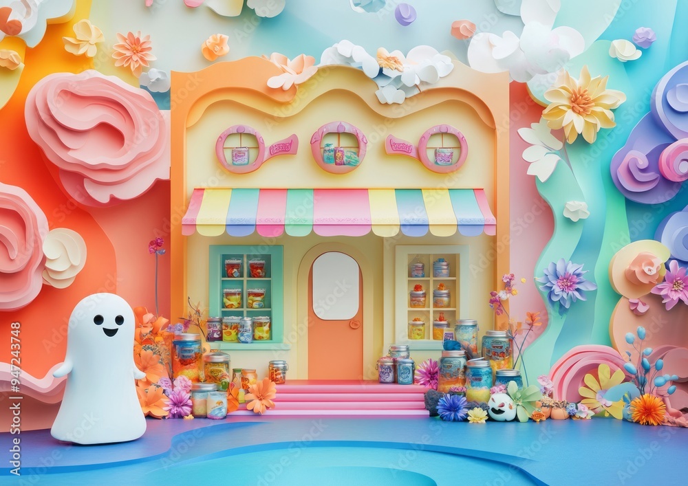 Whimsical Halloween Candy Store in 3D Animation Style with Friendly Ghost Shopkeeper and Colorful Claymation Details