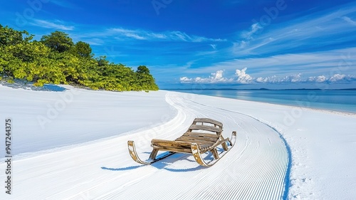 A serene beach landscape featuring a wooden sled against a backdrop of white sand and vibrant blue sky, inviting relaxation.