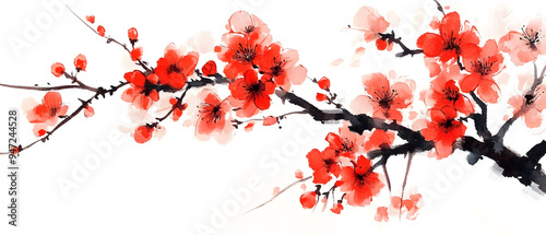 Watercolor painting of a blooming cherry blossom branch.