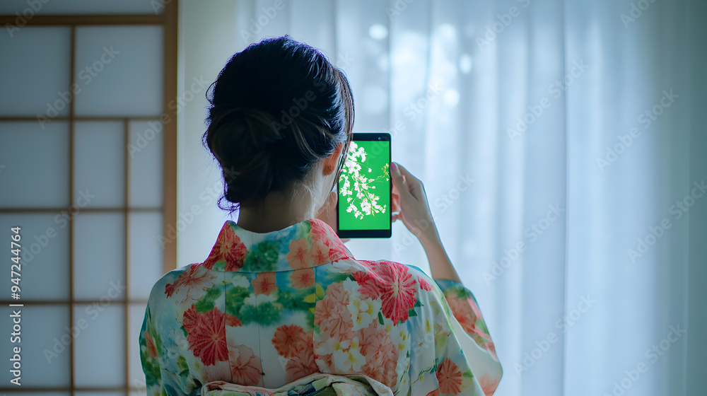 Woman in traditional Japanese kimono holding a smartphone with a green screen in front of a window. Woman in traditional Japanese kimono holding a smartphone with a green screen in front of a window.