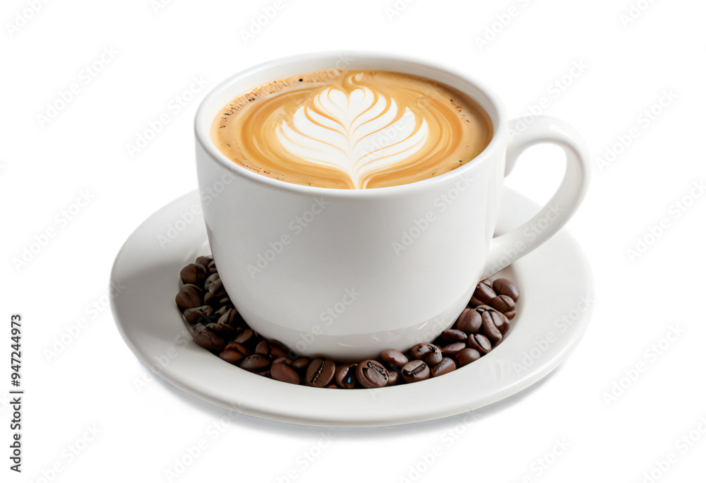 freshly brewed flat white in a glossy mug, showcasing detailed foam artwork and several whole coffee beans resting on the side of the saucer, all against a clear transparent background freshly brewed flat white in a glossy mug, showcasing detailed foam artwork and several whole coffee beans resting on the side of the saucer, all against a clear transparent background
