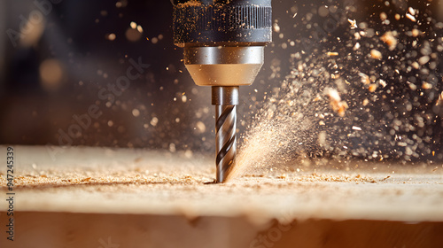 A close-up shot of a drill bit drilling into a piece of wood, with sawdust flying in the air.