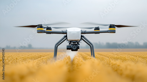 A drone hovers over a field of wheat, ready to spray.