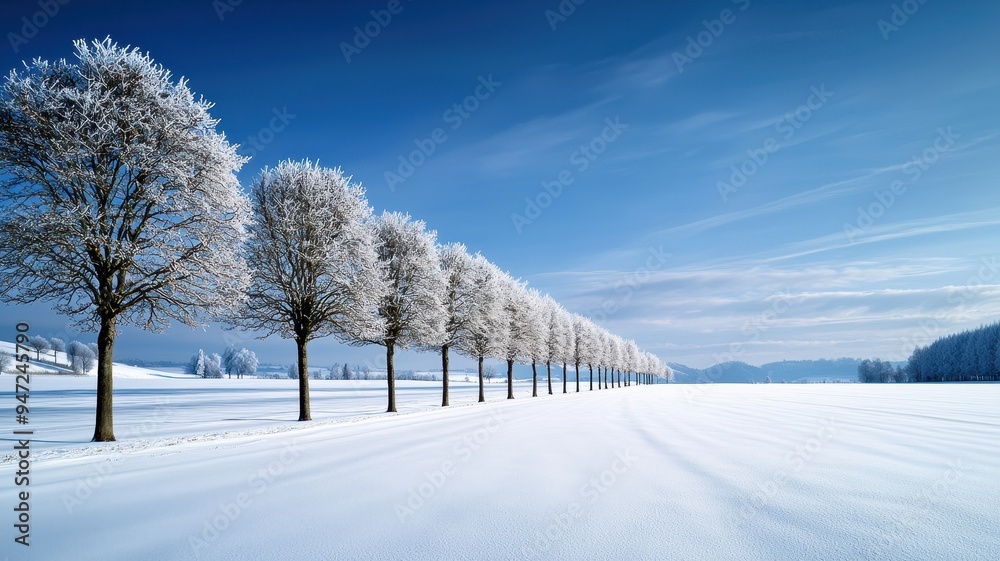 Fototapeta premium A tranquil winter landscape featuring snow-covered trees under a clear blue sky, evoking peace and serenity in a frosty environment.