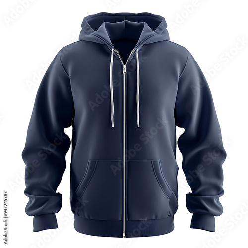 Navy Blue Zip-Up Hoodie with White Drawstrings