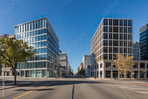 Vivid Snapshot of Urban Architecture with Stylish Office Structures and a Clean Street View