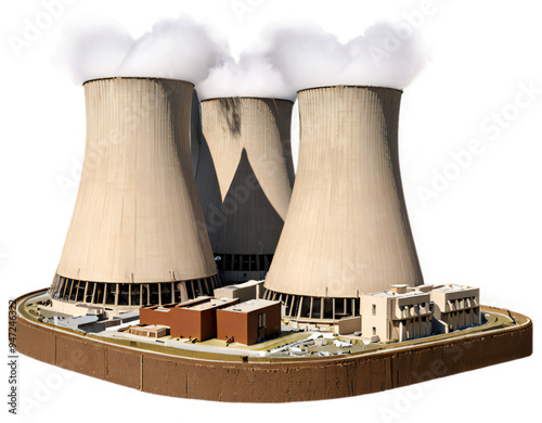 a nuclear power station with distinctive hyperboloid cooling towers and administrative buildings, set against a transparent background.