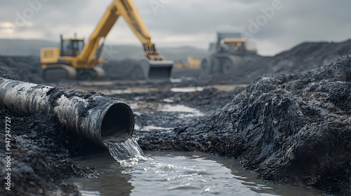 A large pipe spews wastewater into a muddy pit at a construction site with heavy machinery in the background.