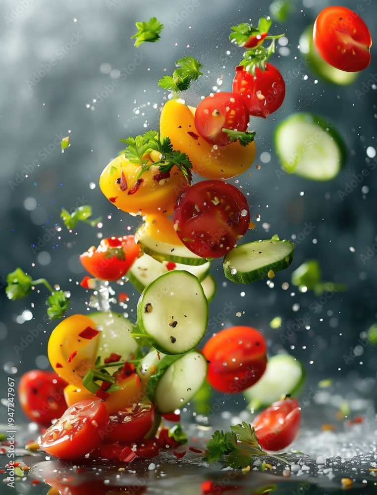 Levitation photography of gazpacho and Mediterranean ingredients in artistic composition Levitation photography of gazpacho and Mediterranean ingredients in artistic composition