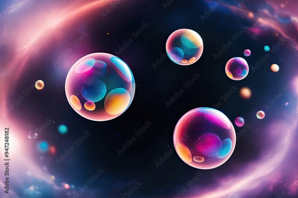 Fototapeta premium Colorful Whimsical Bubbles in Dark Space with Blurry Galactic Background Effects