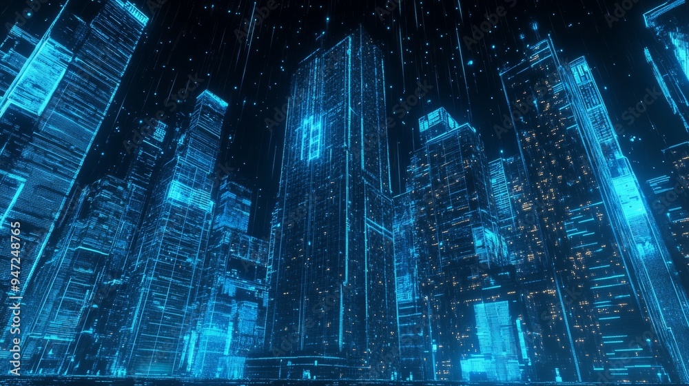 Fototapeta premium 3D rendering of a digital cityscape with blue hologram buildings and skyscrapers on a dark background.