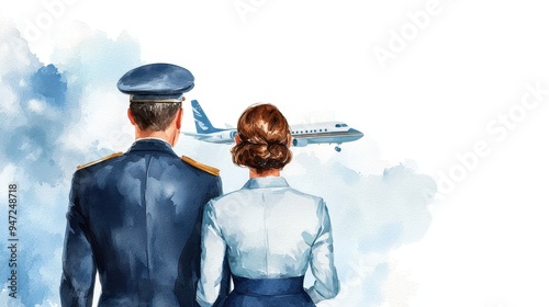 Pilot and flight attendant watching a departing plane, embodying dedication and teamwork in the aviation industry. photo