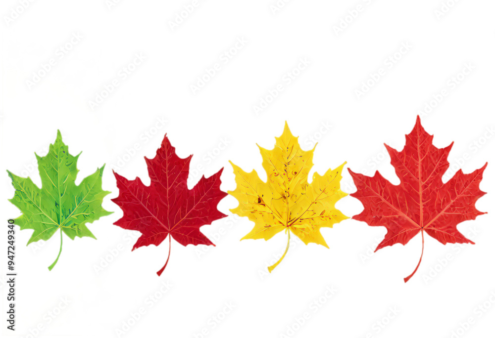 a series of autumn maple leaves in varying shades from green to deep red with intricate vein patterns, displayed in a horizontal line against a transparent background a series of autumn maple leaves in varying shades from green to deep red with intricate vein patterns, displayed in a horizontal line against a transparent background