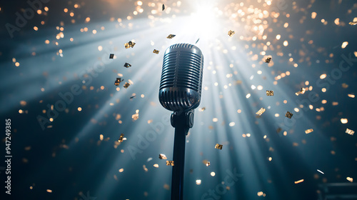 A vintage microphone under a spotlight with confetti falling, capturing the essence of a performance or celebration. photo