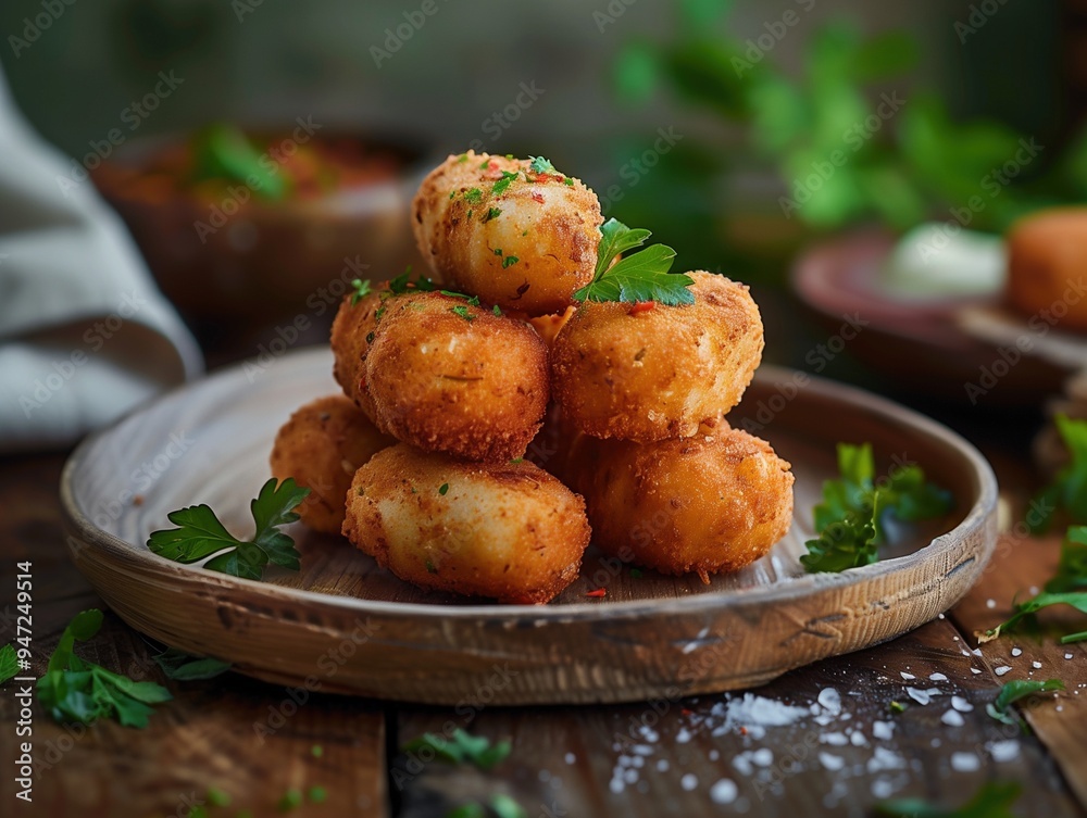 Traditional Spanish croquetas, Close up of rustic wooden bowl on table Traditional Spanish croquetas, Close up of rustic wooden bowl on table
