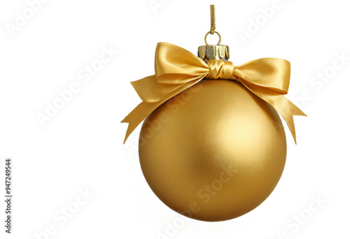 a shiny gold Christmas bauble with a smooth surface and a satin bow, hanging from an invisible thread against a transparent background