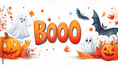 Cheerful Halloween boo with cute ghosts, pumpkins, bats, and autumn leaves. photo