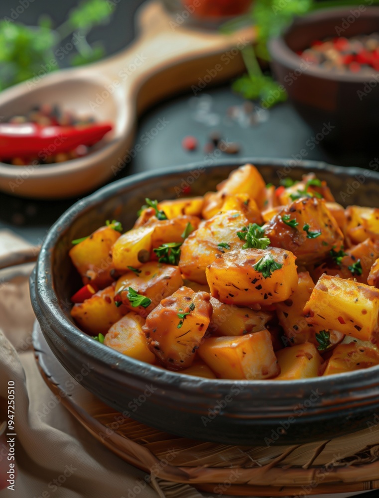 Close up of Patatas Bravas, a popular Spanish appetizer, served in a rustic dish Close up of Patatas Bravas, a popular Spanish appetizer, served in a rustic dish