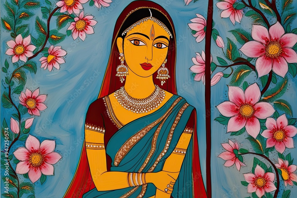 Fototapeta premium Whimsical Madhubani Painting of a Woman in an Elegant Sari with Engaging Blossoms and Vibrant Colors