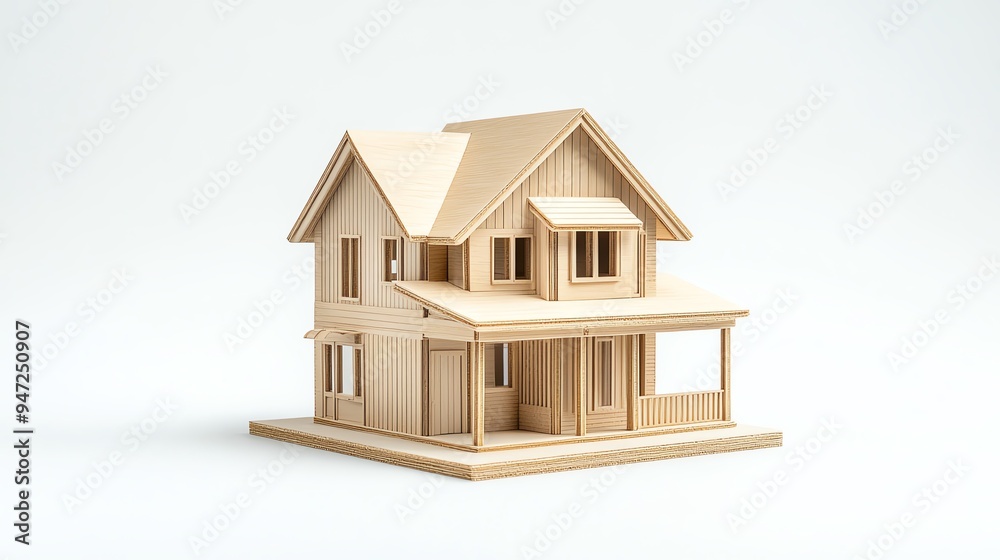 A detailed wooden model of a house showcasing its architectural features and design intricacies in a minimalistic style. A detailed wooden model of a house showcasing its architectural features and design intricacies in a minimalistic style.