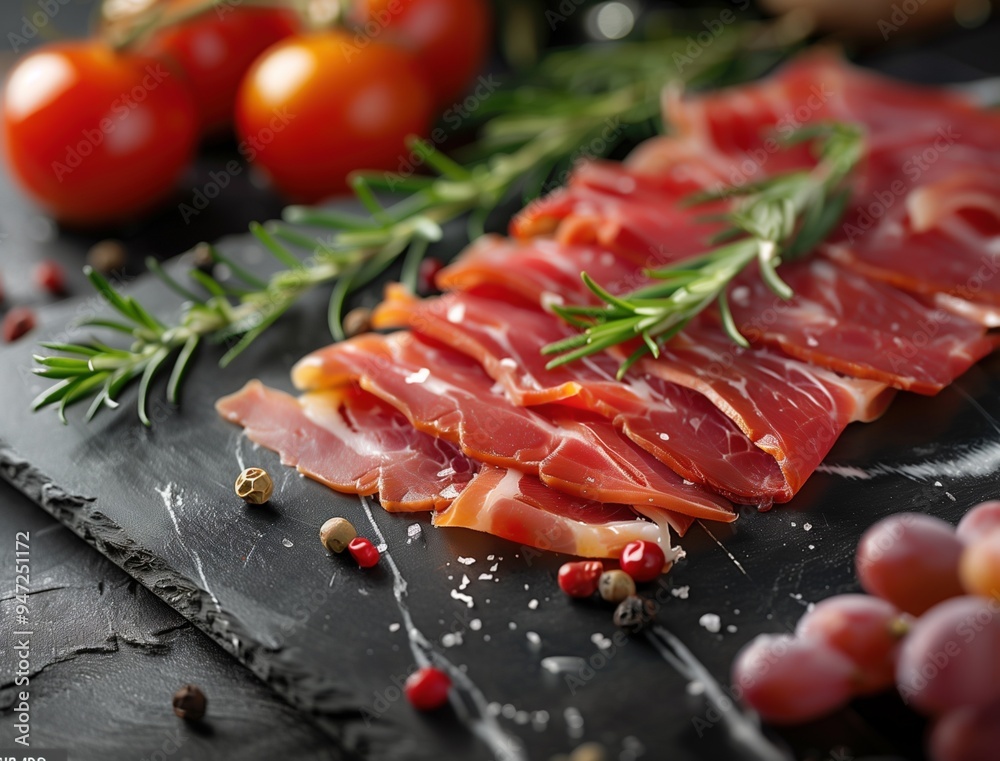 Jamon Iberico with rosemary on a rustic slate, dark food photography Jamon Iberico with rosemary on a rustic slate, dark food photography