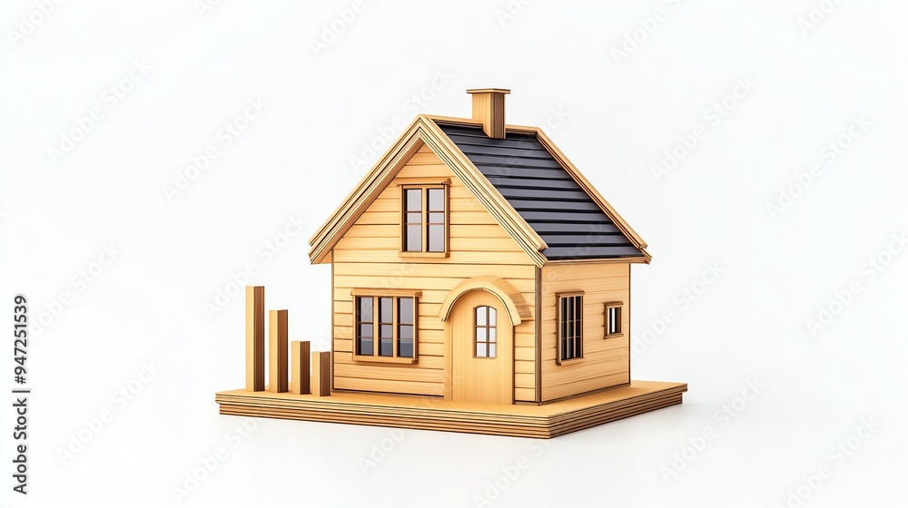 Fototapeta premium A charming wooden house model with a simple design, perfect for home-related themes, architecture concepts, or real estate visuals.