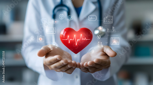 Doctor holding a red heart with a heartbeat line, surrounded by medical icons, representing healthcare and technology.