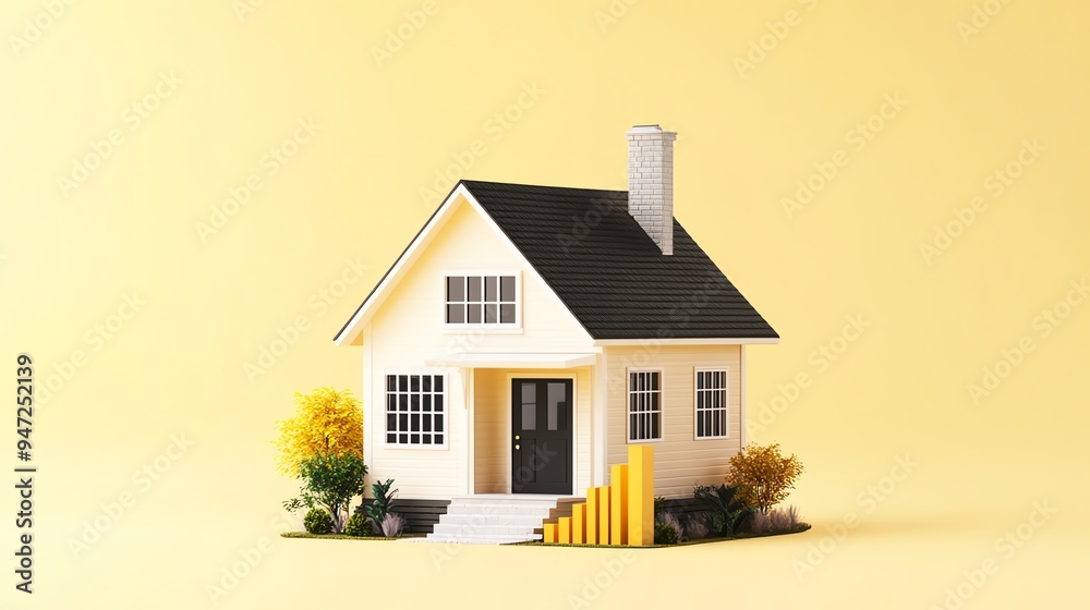 A charming miniature house model with green plants and a yellow backdrop, symbolizing home, comfort, and growth. A charming miniature house model with green plants and a yellow backdrop, symbolizing home, comfort, and growth.