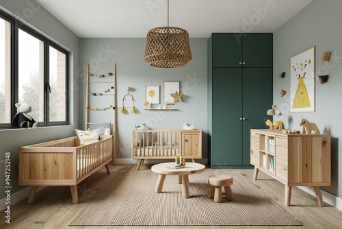 Detailed Mockup of a Stylish Children's Bedroom Featuring Natural Wood Furniture and Contemporary Decor photo