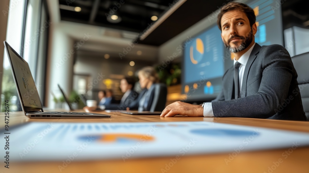 A businessman in a suit sits at a conference table, looking at the camera with a serious expression. He has a laptop in front of him and a chart on the table. A businessman in a suit sits at a conference table, looking at the camera with a serious expression. He has a laptop in front of him and a chart on the table.