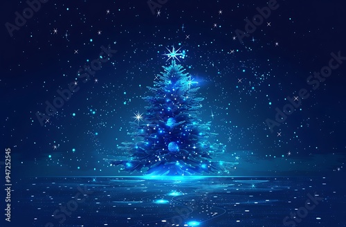 Futuristic Christmas tree glowing with blue lights on a dark background