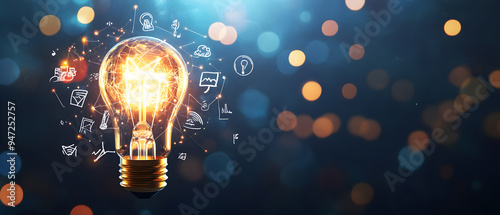 Glowing light bulb with abstract icons and bokeh background, symbolizing new ideas, innovation, and inspiration.