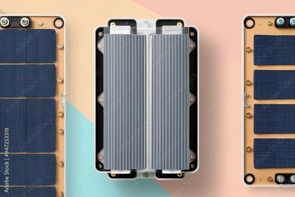 Ultra-Light Electric Vehicle Battery Module with Woven Fabric Cells on a Pastel Background Ultra-Light Electric Vehicle Battery Module with Woven Fabric Cells on a Pastel Background