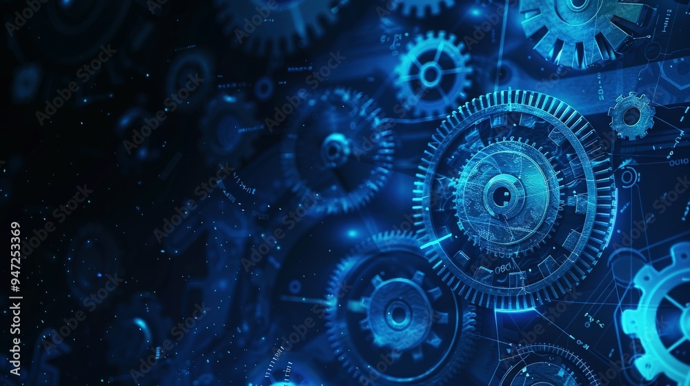Abstract Blue Gears and Cogs with Digital Overlays Abstract Blue Gears and Cogs with Digital Overlays