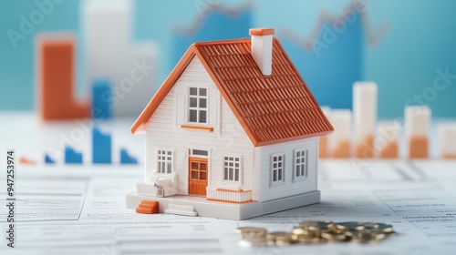 A miniature house model on financial documents, symbolizing real estate investment and market analysis.