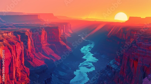 Create an artistic poster showcasing a breathtaking illustration of a river winding through canyon walls