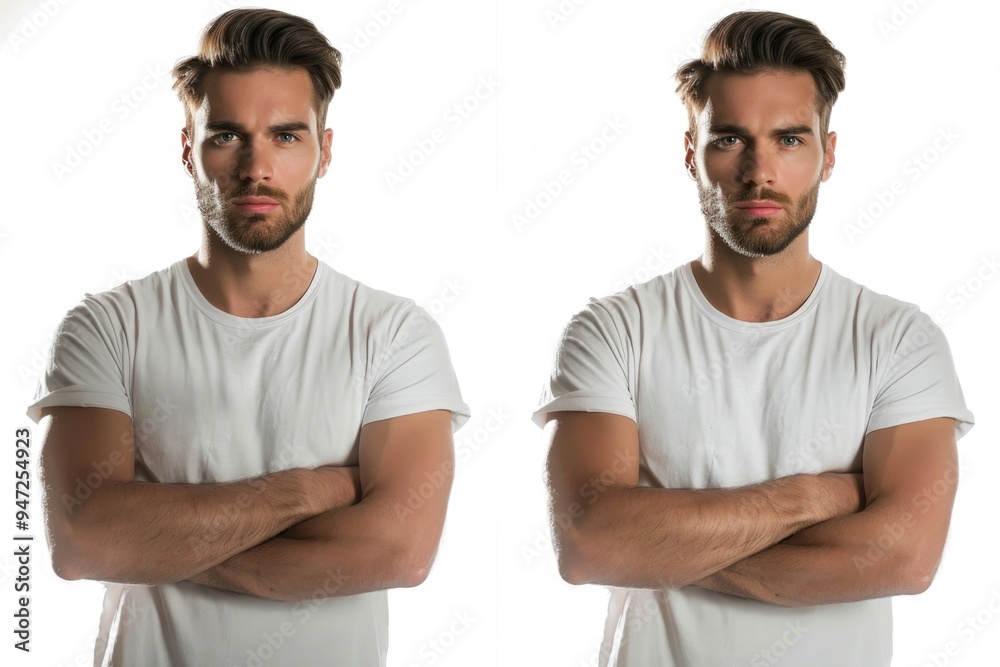 A person wearing a white shirt with their arms crossed, suitable for use in various contexts such as work, education, or everyday life A person wearing a white shirt with their arms crossed, suitable for use in various contexts such as work, education, or everyday life