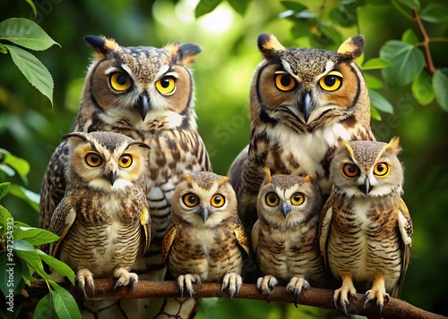 * The wise and wonderful owl family, with their alert gaze and majestic presence, soared silently through the night sky, their soft hooting echoing through the treetops. photo