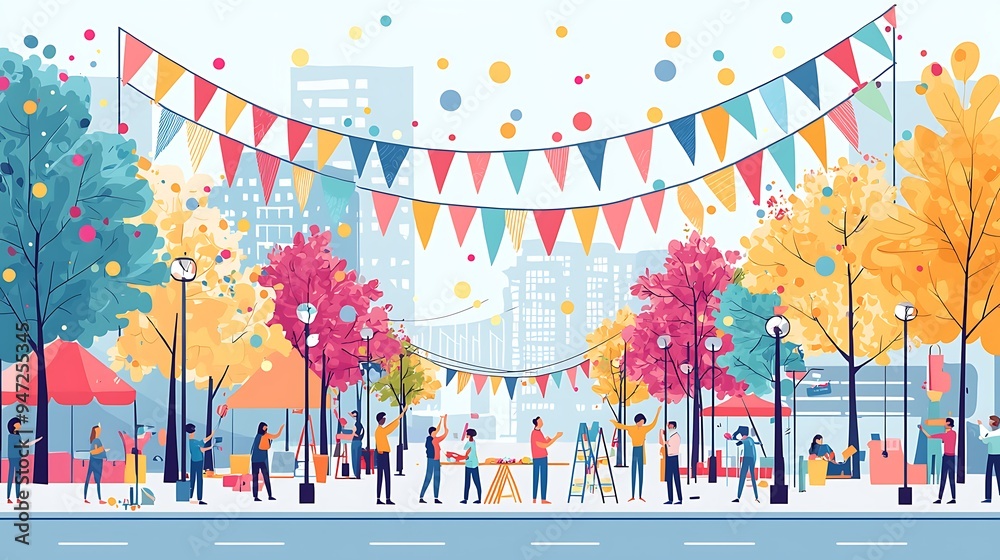 Obraz premium A festive street market buzzes with flags and celebrating people, the vibrant atmosphere filled with colors, sounds, and community spirit.