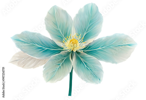 an artistic representation of a flower with diaphanous, overlapping petals in hues of turquoise and alabaster, featuring a transparent background.