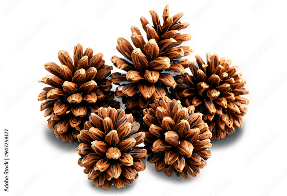 an illustration of a cluster of pine cones with detailed textures and shadows, set against a transparent background.